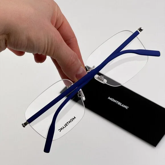 Montblanc Men Eyeglasses Silver Blue Rectangle Rimless FrameModel MB0222O 009
